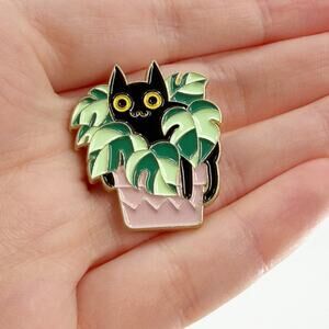 Black Cat Plant Enamel Pin Cute Houseplant Kitty Kawaii Lapel Badge